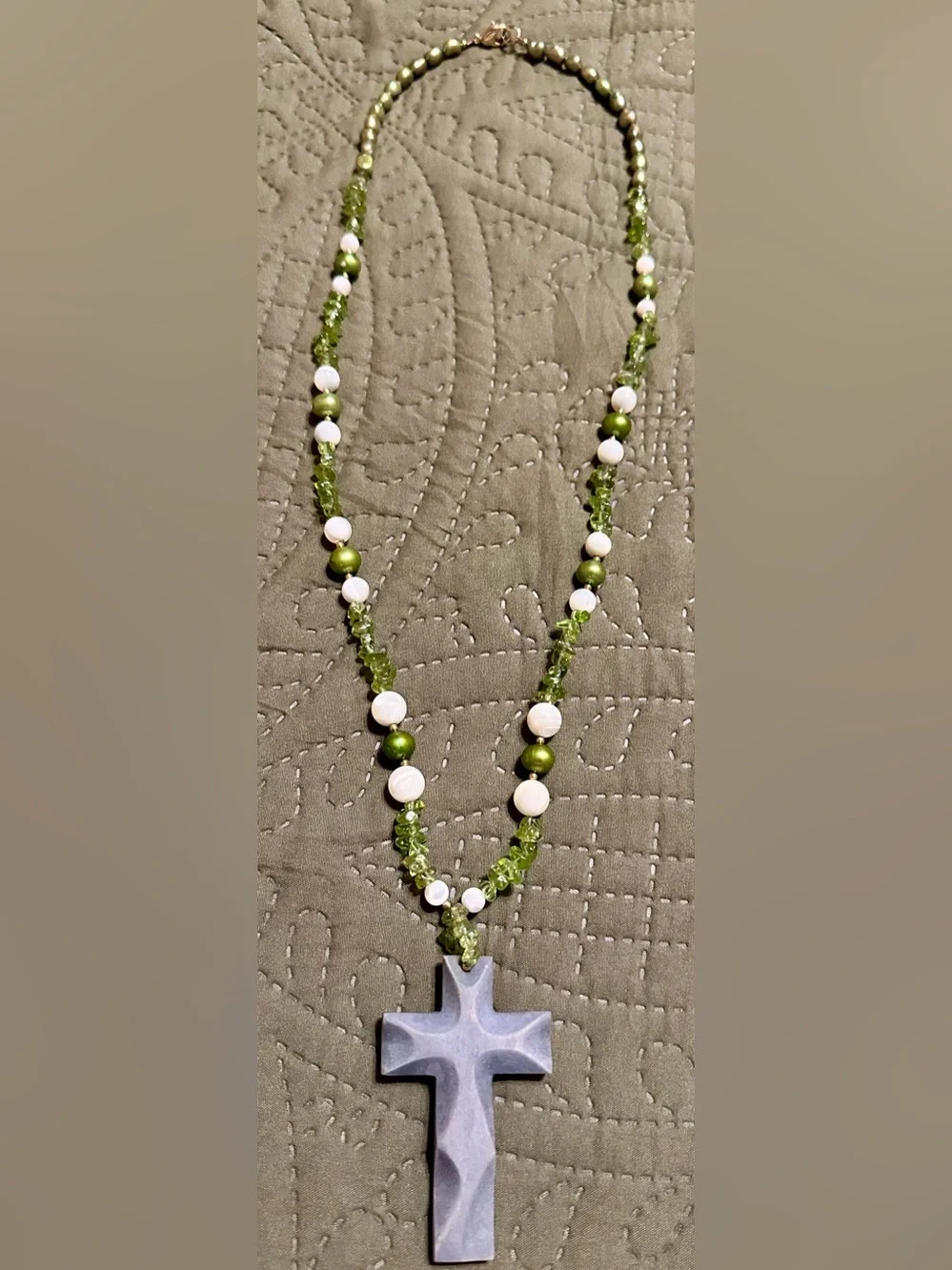 Green Beaded Cross Pendant Necklace